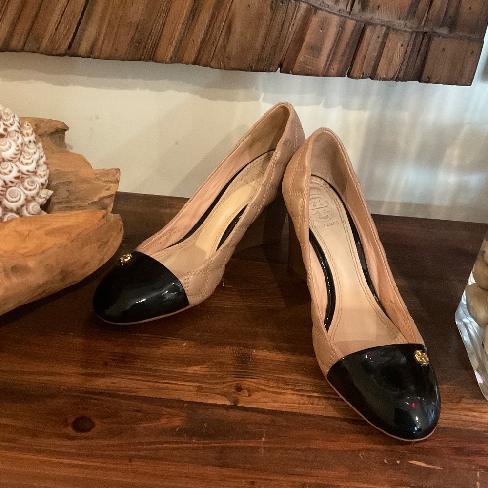 Tory Burch Claremont Quilted Wedge Pump Heels , Color  Beige , Size 6.5